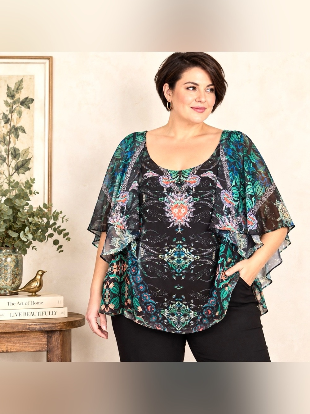 City Chic Dark Floral Chiffon Flutter Sleeve Embellished Blouse 1X